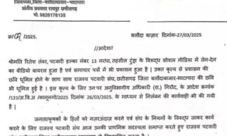 रिश्वतखोरी के आरोप में निलंबित महिला पटवारी की संघ से भी छुट्टी 1 IMG 20250328 072221 2