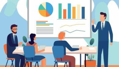 business meeting cartoon illustration in a flat style of a group of diverse people leading a discussion at a table near a whiteboard with charts and graphs isolated on background vector