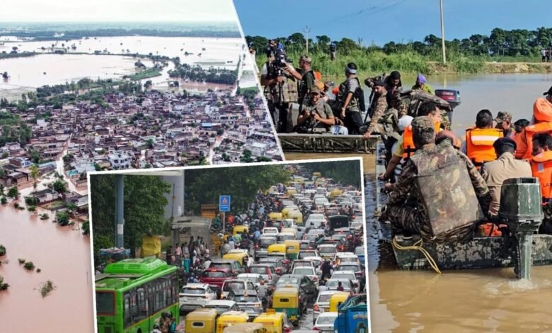 Heavy rain, Yamuna river danger level, Delhi flood, Punjab flood affected, UP Mathura Yamuna, Jammu and Kashmir landslide, Himachal Pradesh deaths, Madhya Pradesh rain alert, Rajasthan heavy rain, Gujarat Narmada river, damage to crops, traffic jam, relief and rescue work,