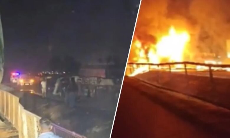 Karnataka Accident, Chitradurga Bus Accident, Sleeper Bus Fire, Truck Collision, NH-48 Accident, Road Accident News, Bus Fire Tragedy, Karnataka News, Fatal Accident, Bus-Truck Collision, Burnt Alive Passengers, Midnight Accident, Private Bus Accident, PM Modi Compensation, Accident News India, Fire After Collision,