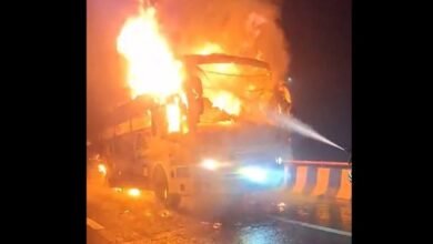 Yamuna Expressway, bus fire, Mathura news, Raya accident, road safety, bus passengers safe, fire brigade, highway incident, Uttar Pradesh news, big accident averted