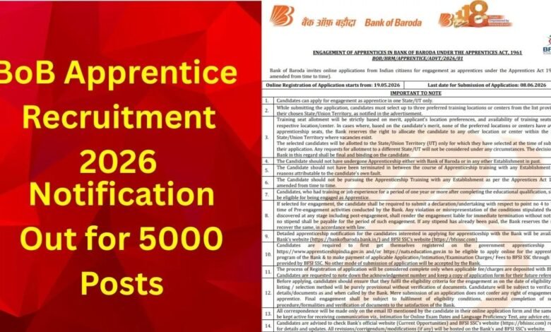 बैंक ऑफ बड़ौदा में 5000 अप्रेंटिस पदों पर भर्ती: 8 जून तक आवेदन, हर महीने मिलेगा 15 हजार स्टाइपेंड 1 Bank of Baroda Recruitment 2026, BoB Apprentice Recruitment, Bank of Baroda Apprentice Vacancy, Apprentice Jobs 2026, Banking Jobs India, Graduate Apprentice Jobs, Bank Jobs 2026, Government Bank Vacancy, BoB 5000 Posts, Apprentices Act 1961, Online Application 2026, Bank of Baroda Careers, NATS Portal, NAPS Portal, Banking Career Opportunity, Fresh Graduate Jobs, Apprentice Stipend, Bank Recruitment Notification, Sarkari Naukri 2026,